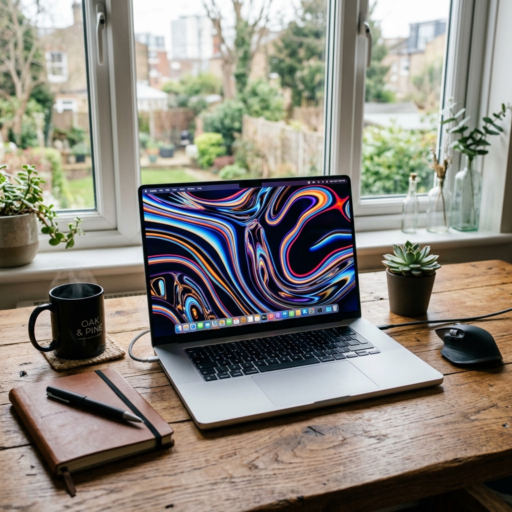 Sleek MacBook Pro displaying abstract wallpaper on a wooden desk