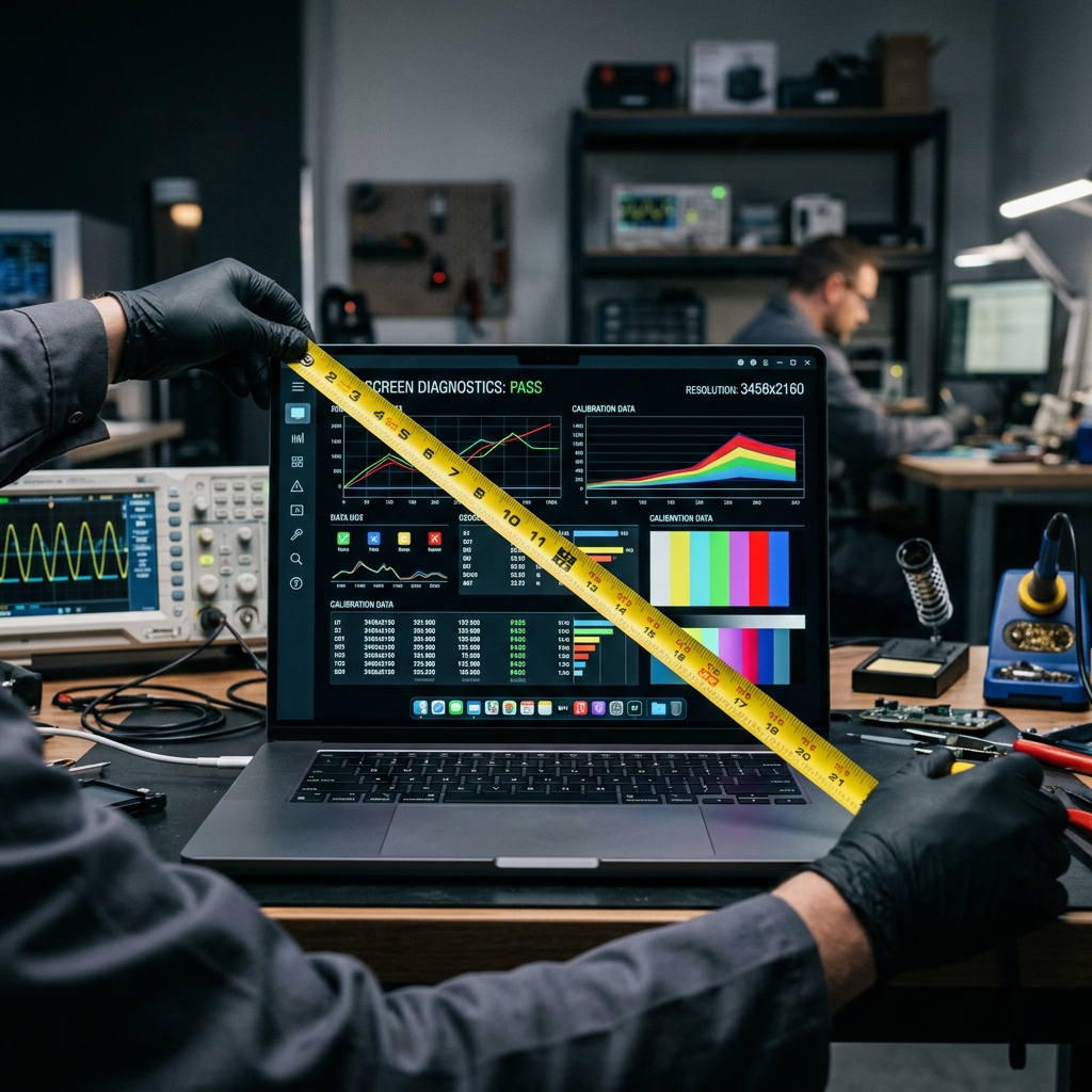 Yellow tape measure stretched diagonally across a black laptop monitor