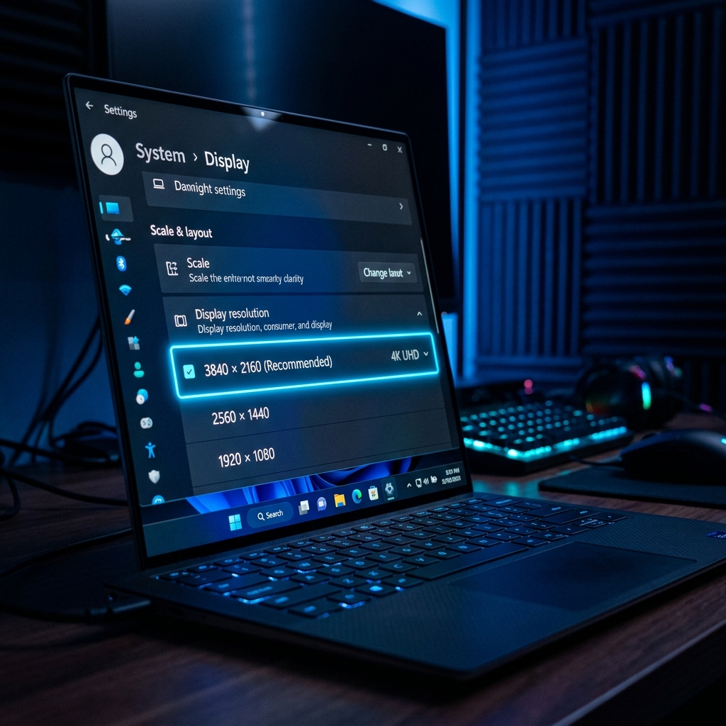 Windows Display Settings resolution selection panel in a realistic neon studio